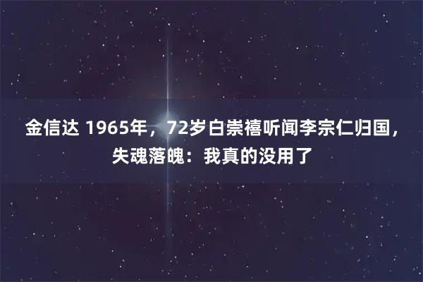 金信达 1965年，72岁白崇禧听闻李宗仁归国，失魂落魄：我真的没用了